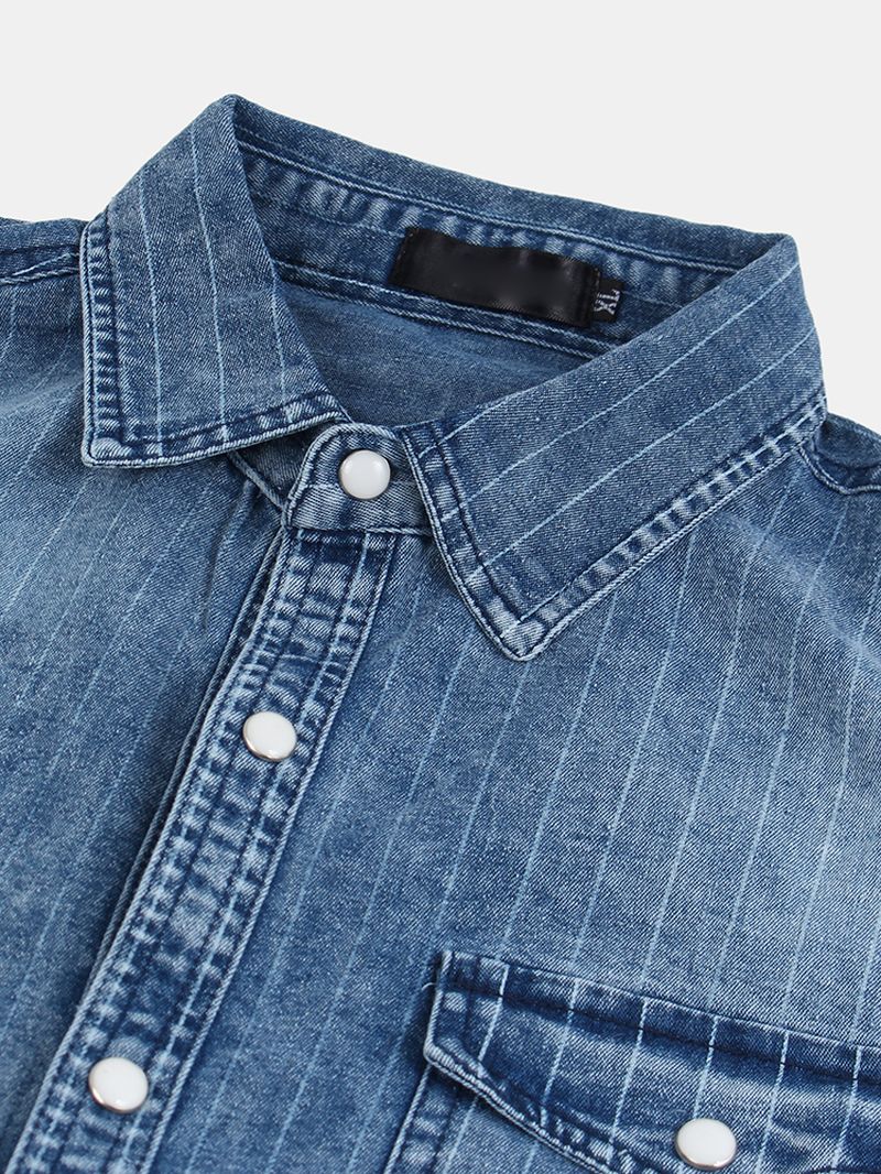 Heren Vintage Gestreepte Dubbele Zakken Denim Casual Shirts Met Lange Mouwen