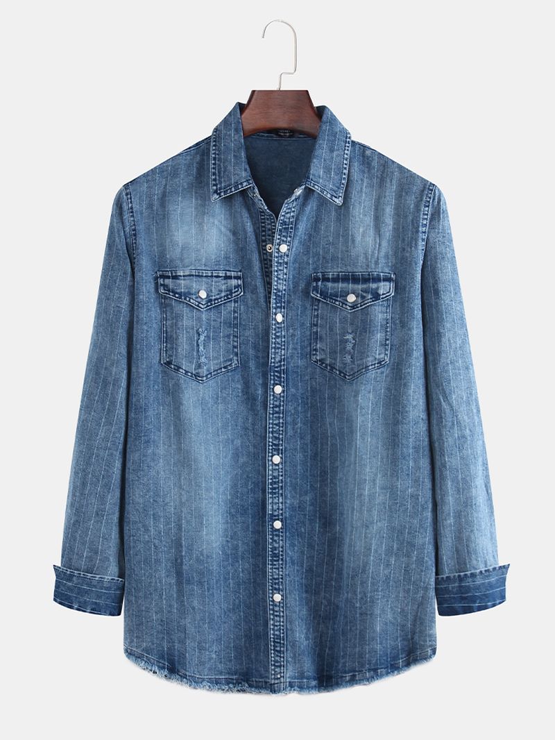 Heren Vintage Gestreepte Dubbele Zakken Denim Casual Shirts Met Lange Mouwen