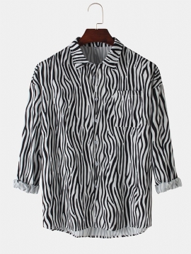 Heren Zebraprint Katoenen Revers Lange Mouwen Gebogen Zoom Regular Fit Shirts Met Zak