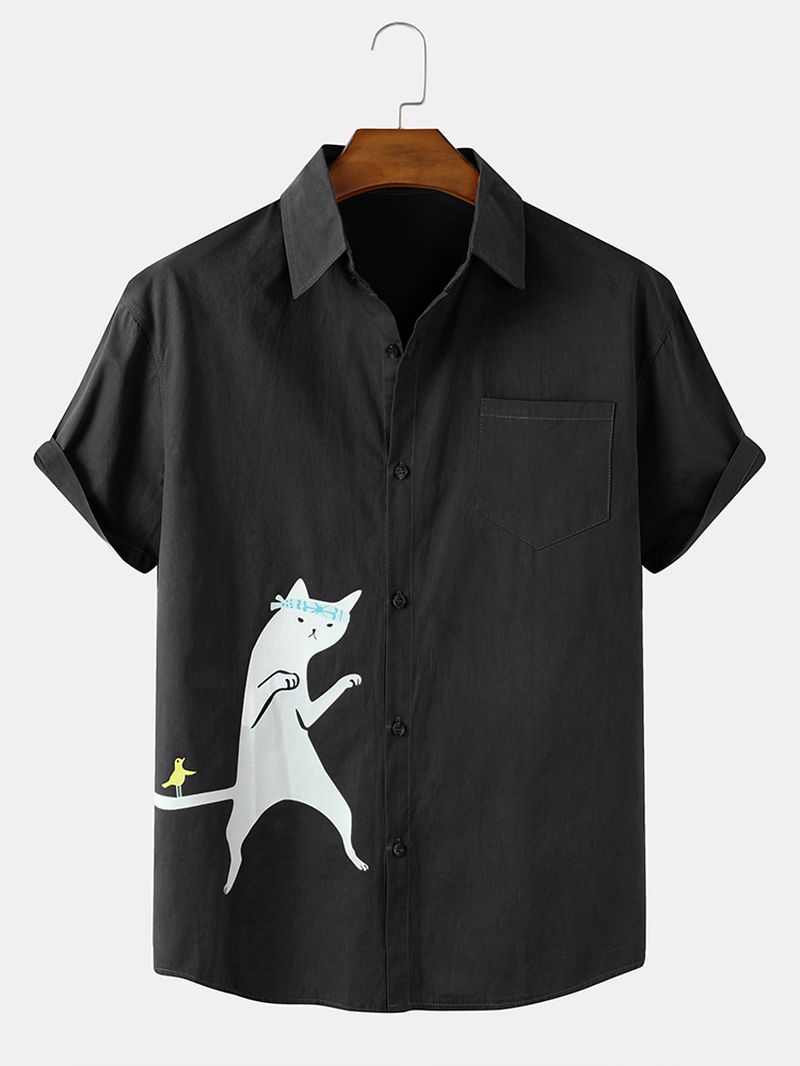 Katoenen Heren Grappige Cartoon Kattenprint Shirts Met Korte Mouwen