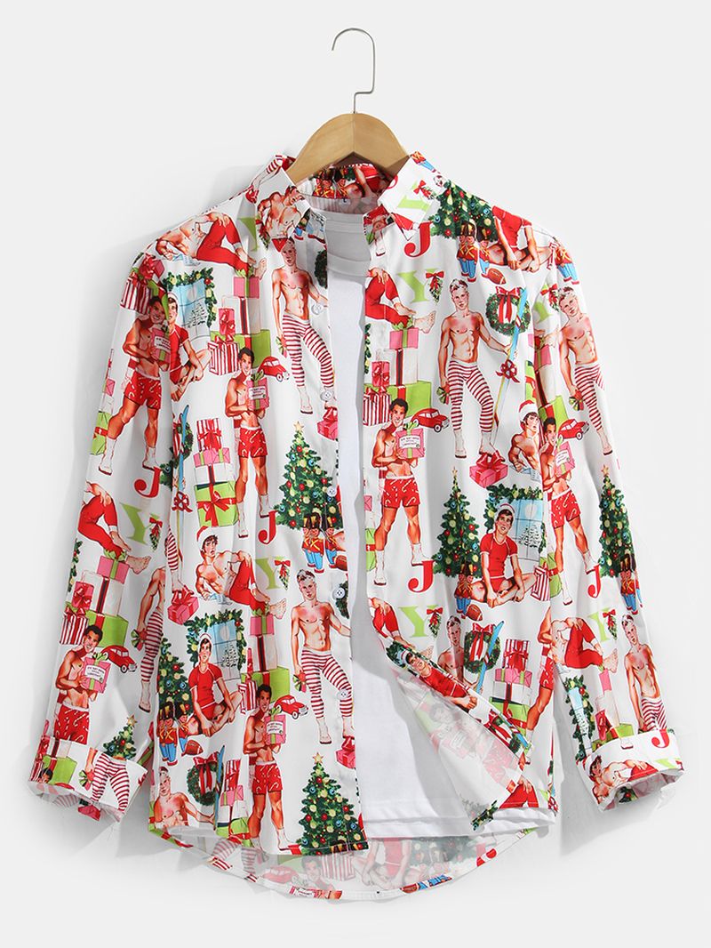 Kerststijl Heren Grappige Figuurprint Shirts Met Lange Mouwen