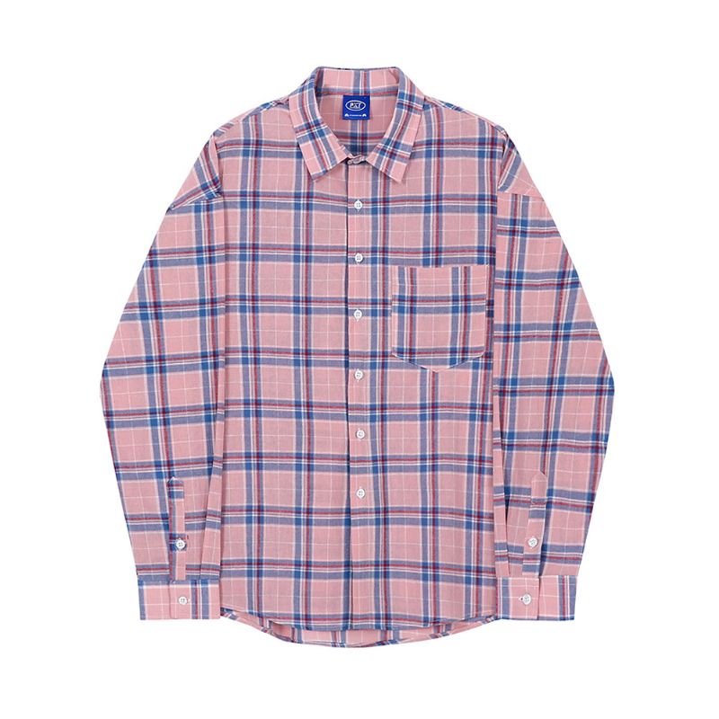Retro Geruit Overhemd Roze Klein Bf-stijl Paar Overhemd
