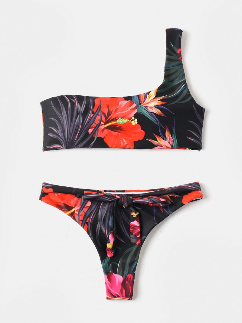 Dames Bloemenprint Een Schouder Tie Front String Bikini Backless Badpakken