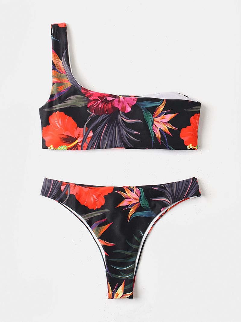 Dames Bloemenprint Een Schouder Tie Front String Bikini Backless Badpakken