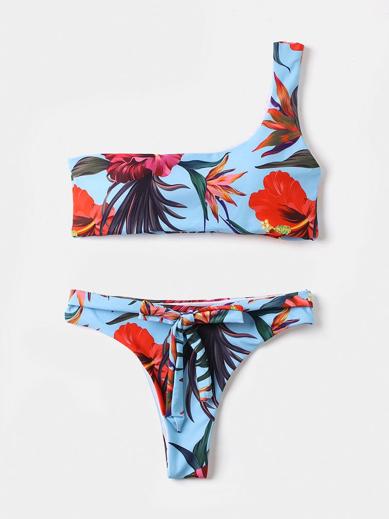 Dames Bloemenprint Een Schouder Tie Front String Bikini Backless Badpakken