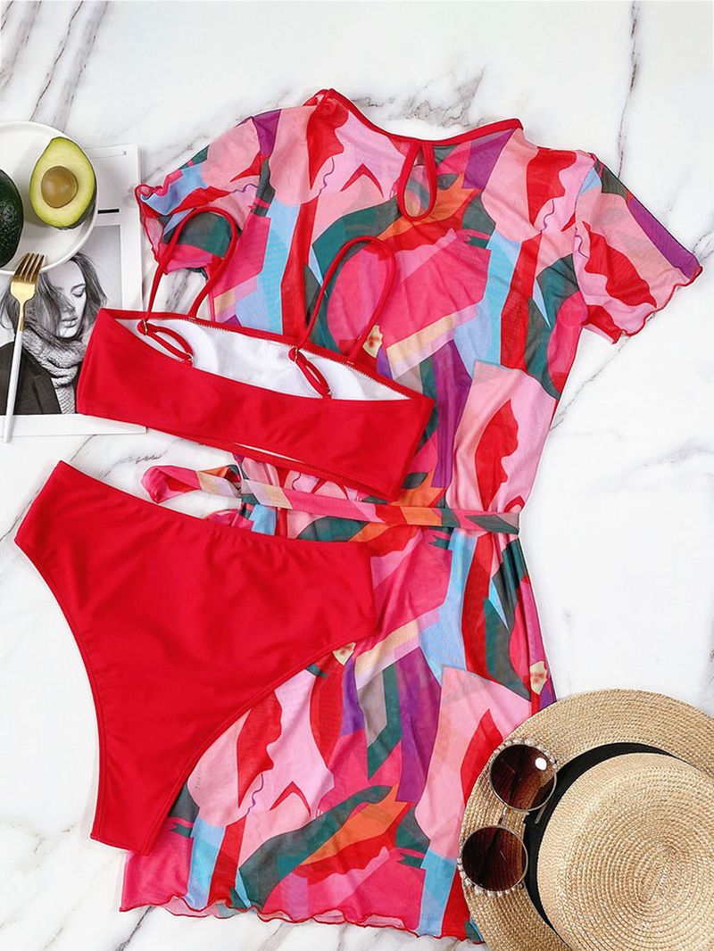 Dames Color Block Lace-up Jurk Met Korte Mouwen Spaghettibandjes Bikini's Badpak