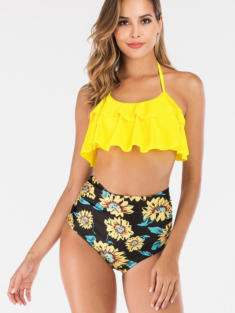 Dames Halter String Top Bloemenprint Hoge Taille Badmode Bikini