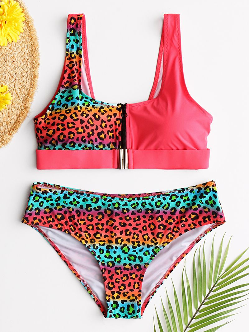 Dames Leopard Patchwork Front Zipper Bikini Backless Swimwear