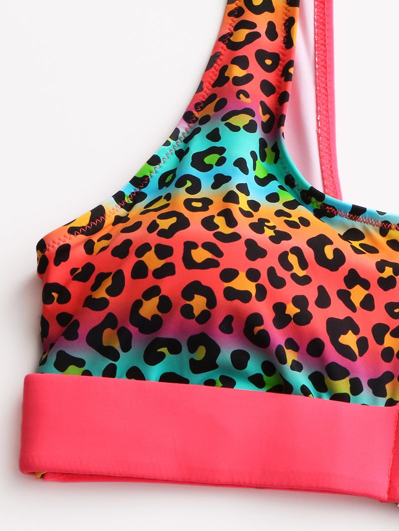 Dames Leopard Patchwork Front Zipper Bikini Backless Swimwear