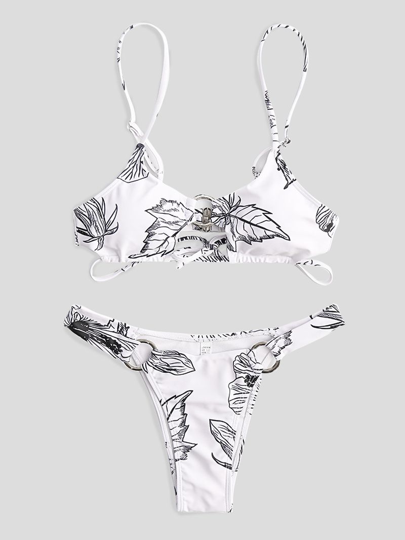 Dames Simple Plant Print Hollow Ring Backless Badpak String Bikini Om Te Zwemmen