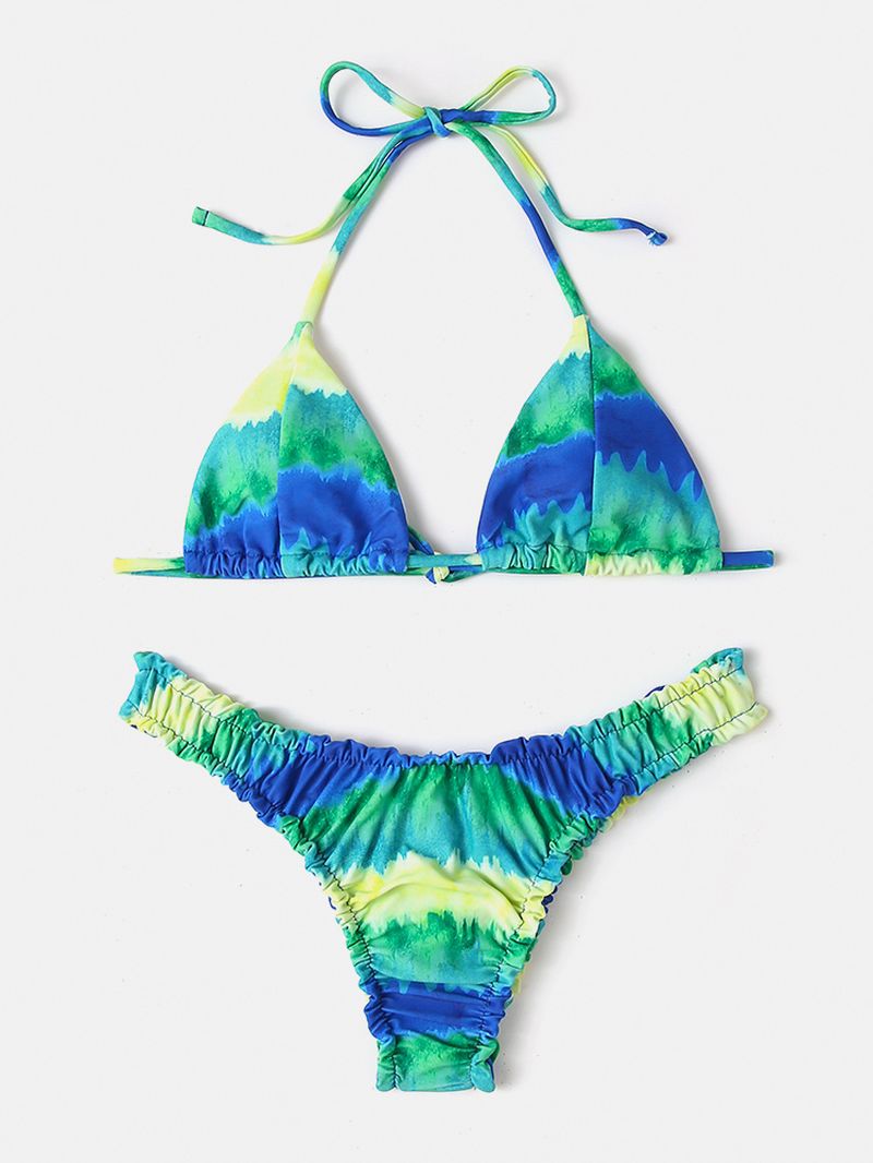 Dames Tie-dye Print Halter Backless Elastische Lage Taille Bikini's Beachwear