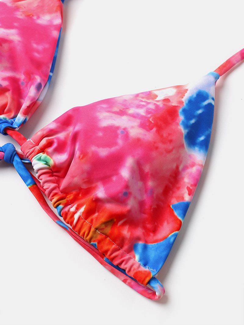 Dames Tie Dye Triangle Halter String Micro Bikini's Backles Beachwear Met Hand Ring