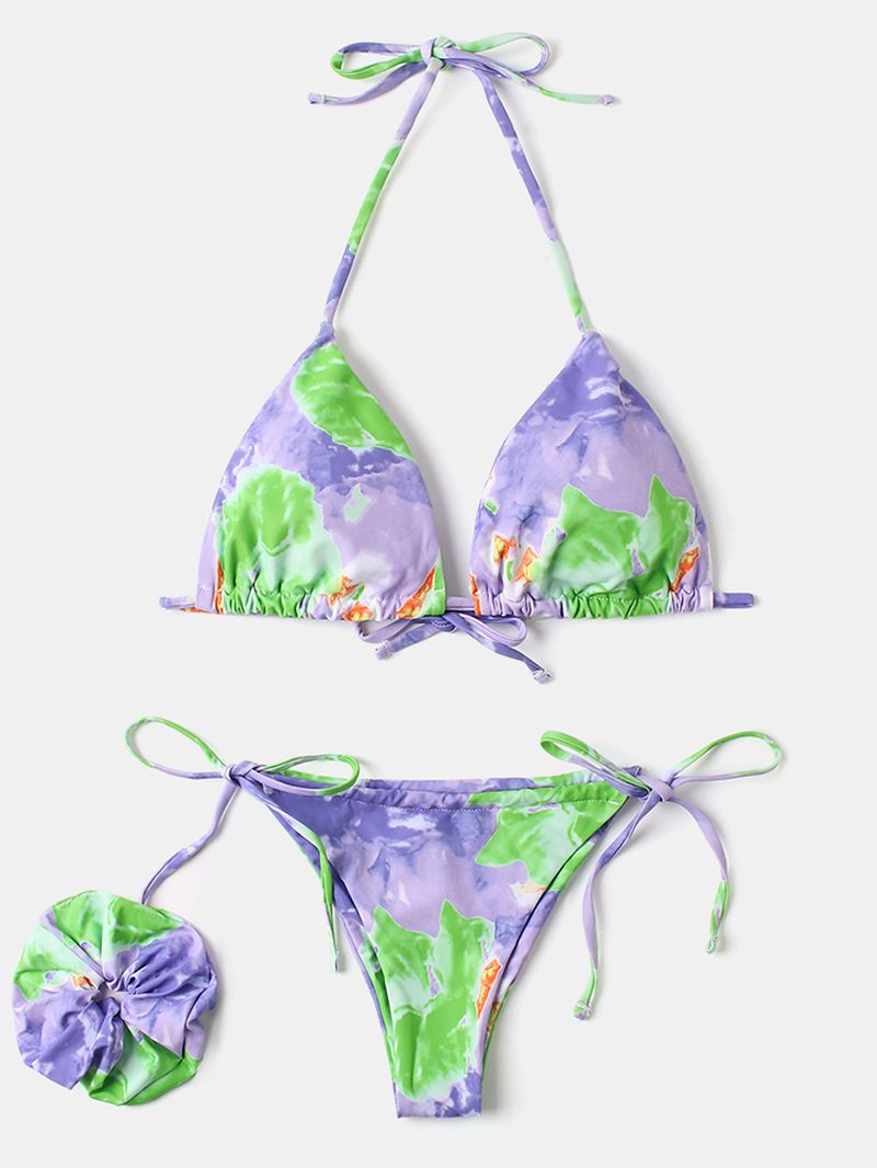 Dames Tie Dye Triangle Halter String Micro Bikini's Backles Beachwear Met Hand Ring