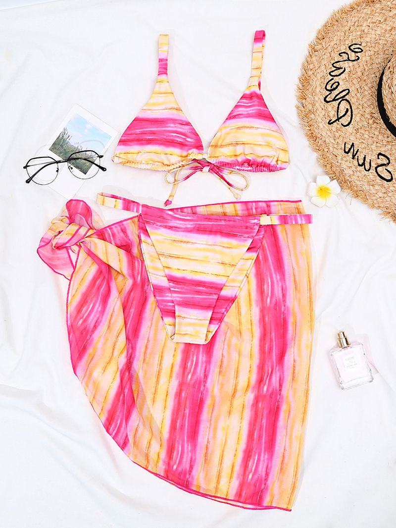 Gradient Stripe Print Triangle String Backless Cover-up Chiffon Rokken Hoge Taille Bikini