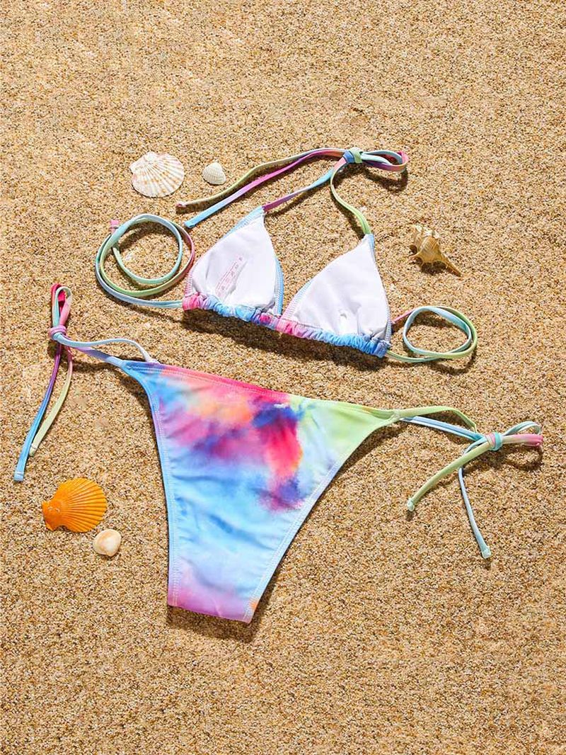 Tie Dye Print Halter String Bikini Met Lange Mouwen Cover Up Driedelige Sets