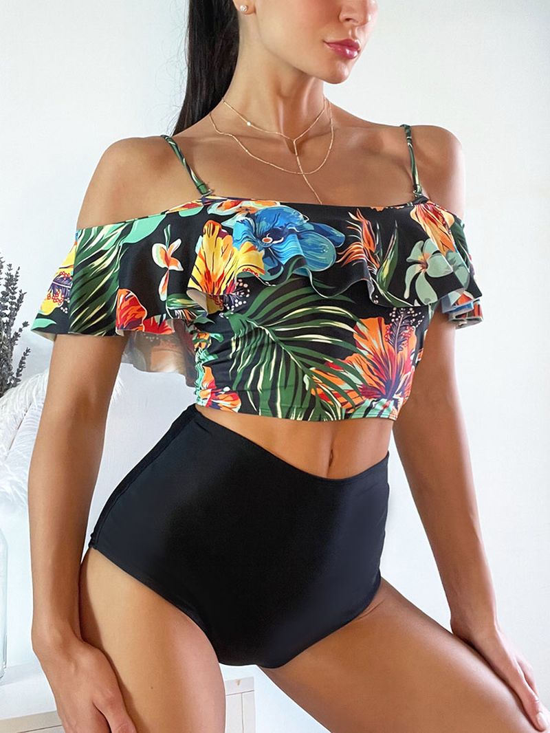 Tropische Plant Print Ruches Spaghettibandjes Hoog Getailleerde Bikini's Dames Badpak