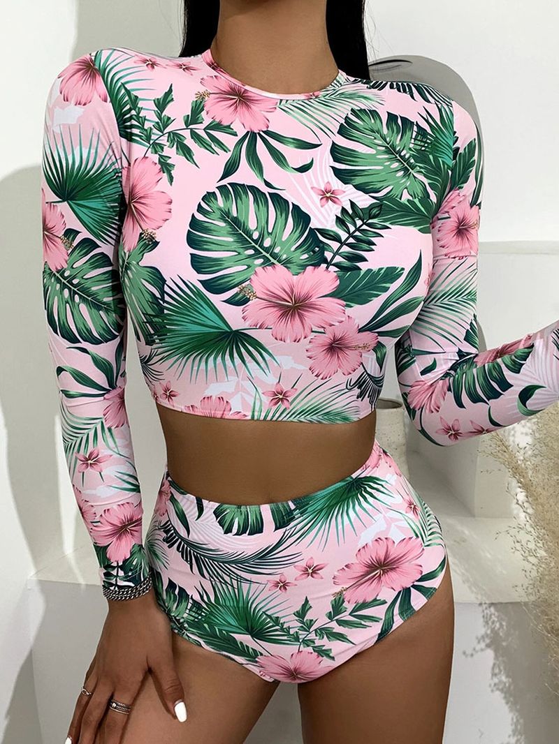 Tropische Plant Print Zip Terug Lange Mouw Hoog Getailleerde Bikini's Vrouwen Strand Badpak