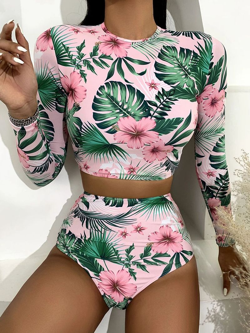 Tropische Plant Print Zip Terug Lange Mouw Hoog Getailleerde Bikini's Vrouwen Strand Badpak