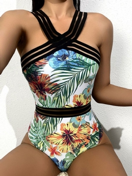 Tropische Planten Print Gestreept Mesh Afslankend Eendelig Dames Hawaii Badpak