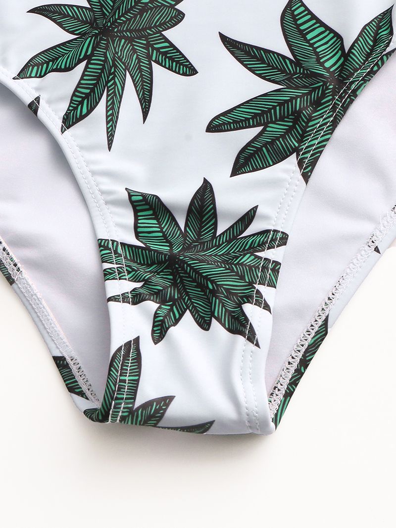 Vrouwen Tropische Plant Bladeren Print Kwastje Trim Hoge Taille Bikini Bandage Hawaii Casual Badmode