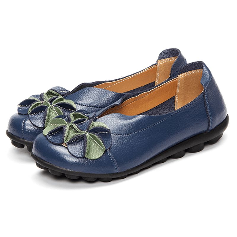 Amerikaanse Maat 5-13 Vrouwen Bloem Platte Schoenen Casual Outdoor Lederen Slip Op Ronde Neus Loafers