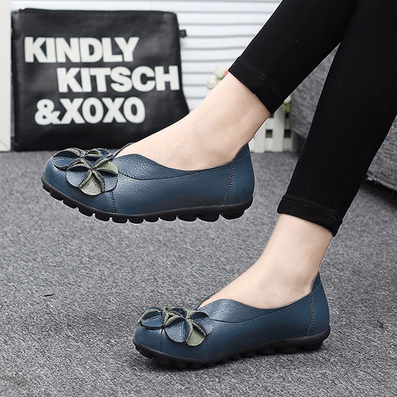 Amerikaanse Maat 5-13 Vrouwen Bloem Platte Schoenen Casual Outdoor Lederen Slip Op Ronde Neus Loafers