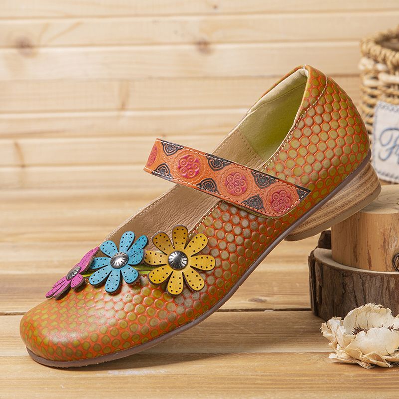 Bloemen Decor Dot Gedrukt Rundleer Retro Enkelbandje Haaklus Casual Platte Schoenen