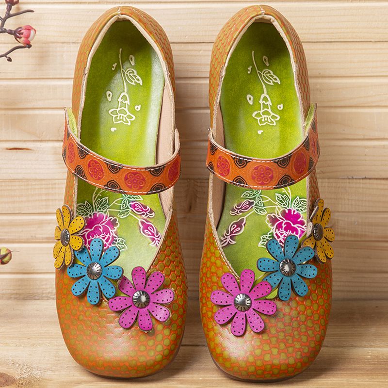 Bloemen Decor Dot Gedrukt Rundleer Retro Enkelbandje Haaklus Casual Platte Schoenen