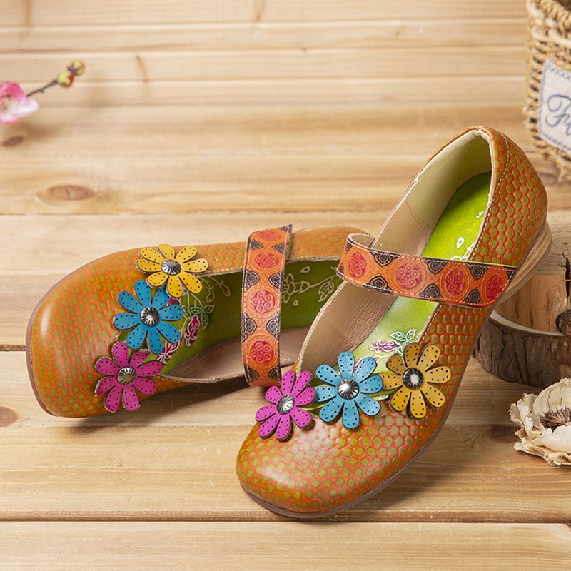 Bloemen Decor Dot Gedrukt Rundleer Retro Enkelbandje Haaklus Casual Platte Schoenen