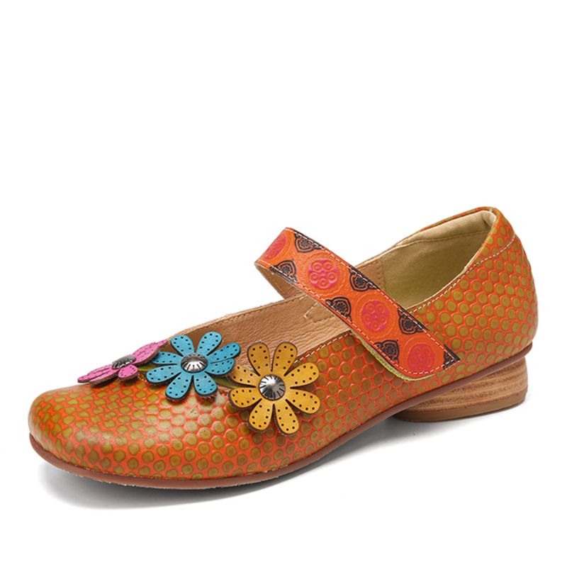 Bloemen Decor Dot Gedrukt Rundleer Retro Enkelbandje Haaklus Casual Platte Schoenen