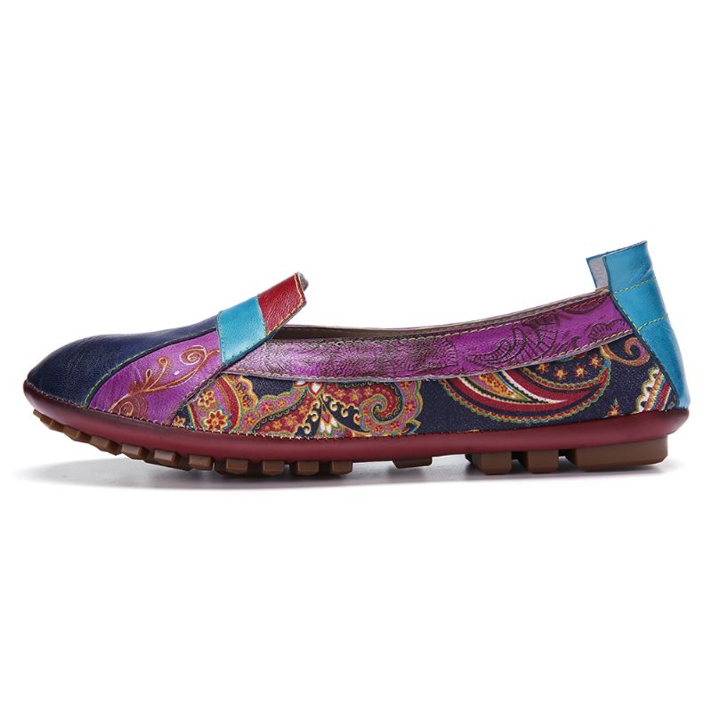 Boheemse Zachte Lederen Bloemen Splitsen Casual Slip Op Loafers Platte Schoenen