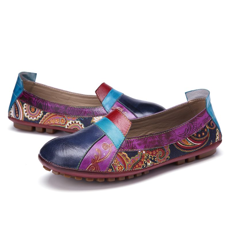 Boheemse Zachte Lederen Bloemen Splitsen Casual Slip Op Loafers Platte Schoenen