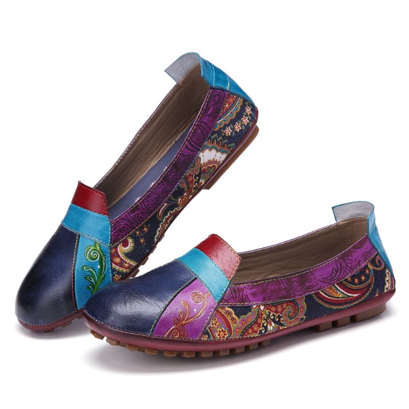 Boheemse Zachte Lederen Bloemen Splitsen Casual Slip Op Loafers Platte Schoenen