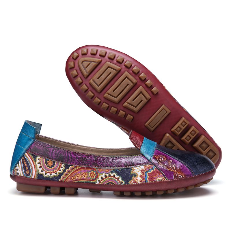 Boheemse Zachte Lederen Bloemen Splitsen Casual Slip Op Loafers Platte Schoenen