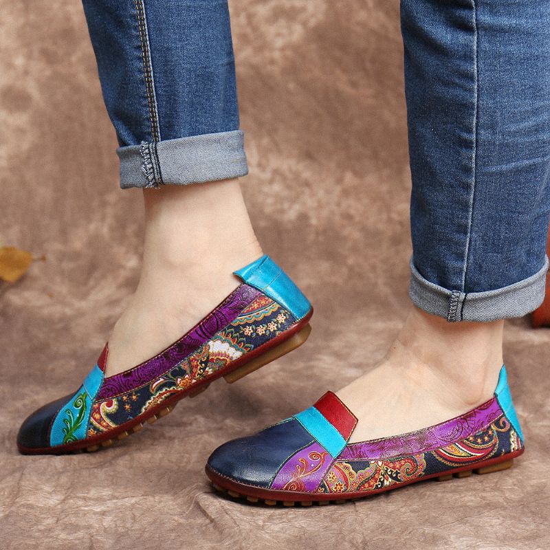 Boheemse Zachte Lederen Bloemen Splitsen Casual Slip Op Loafers Platte Schoenen