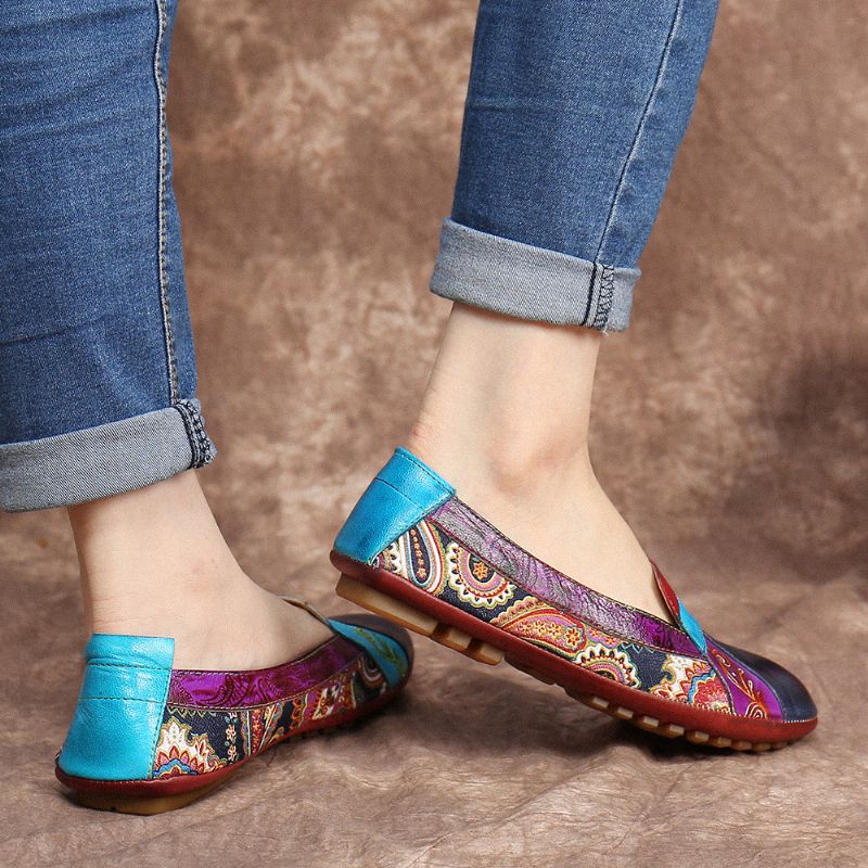 Boheemse Zachte Lederen Bloemen Splitsen Casual Slip Op Loafers Platte Schoenen