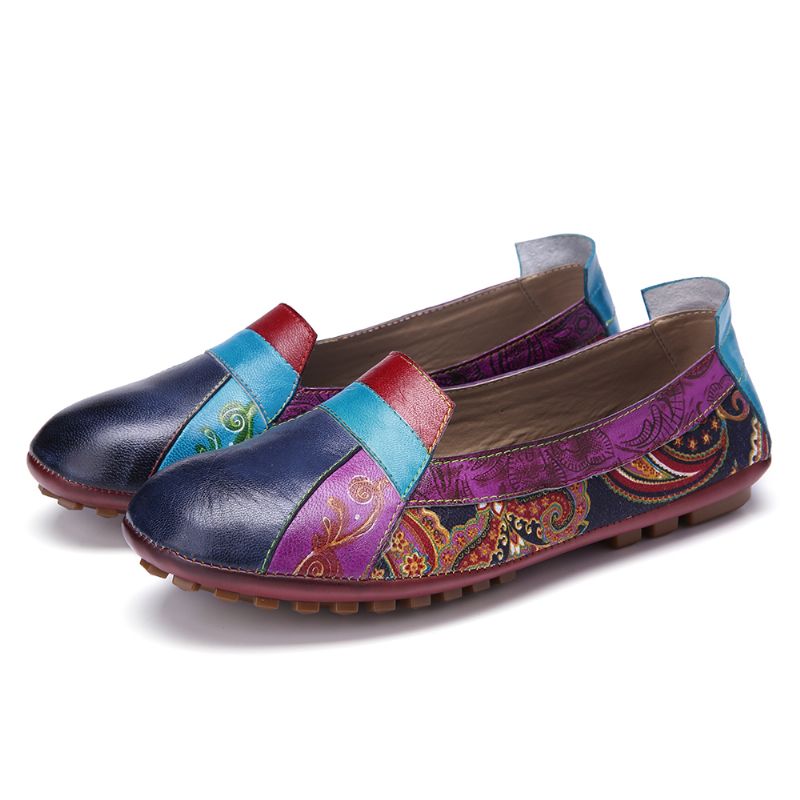 Boheemse Zachte Lederen Bloemen Splitsen Casual Slip Op Loafers Platte Schoenen