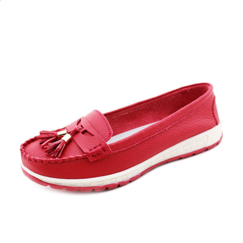 Casual Zachte Leren Platte Schoenen Met Kwastjes Slip-on Loafers Met Ronde Neus