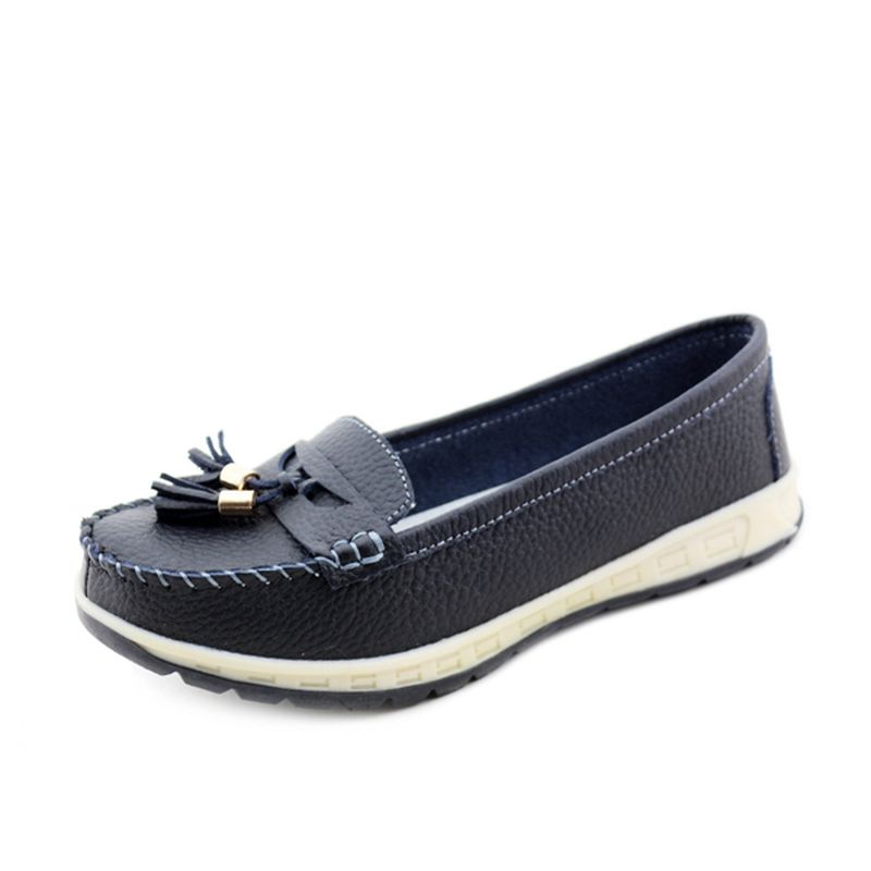 Casual Zachte Leren Platte Schoenen Met Kwastjes Slip-on Loafers Met Ronde Neus