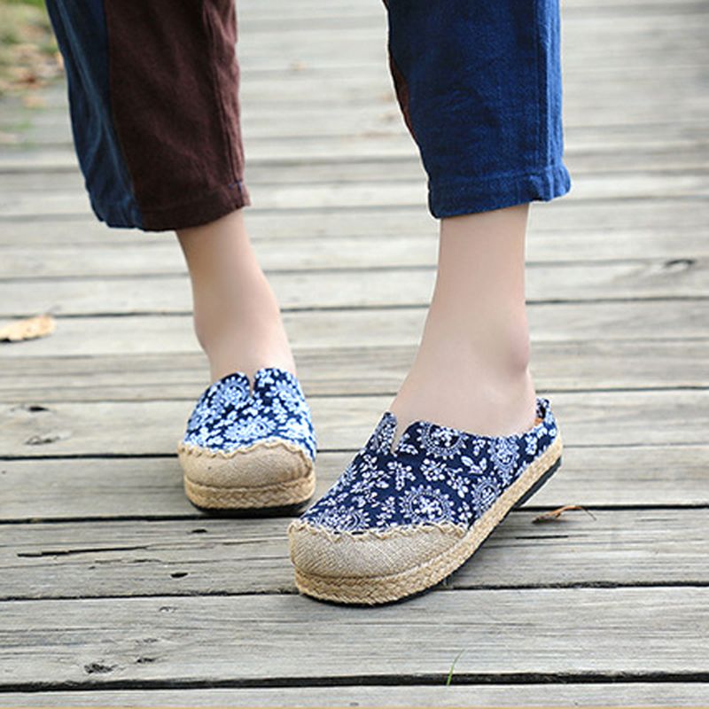 Dames Casual Katoenen Vlas Outdoor Comfortabele Platte Loaferschoenen Met Ronde Neus