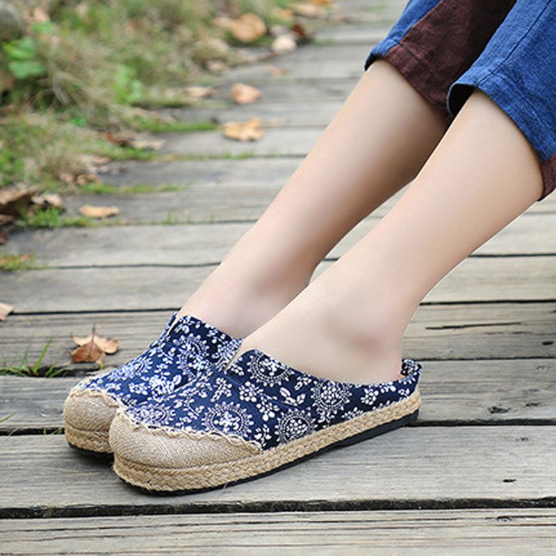 Dames Casual Katoenen Vlas Outdoor Comfortabele Platte Loaferschoenen Met Ronde Neus