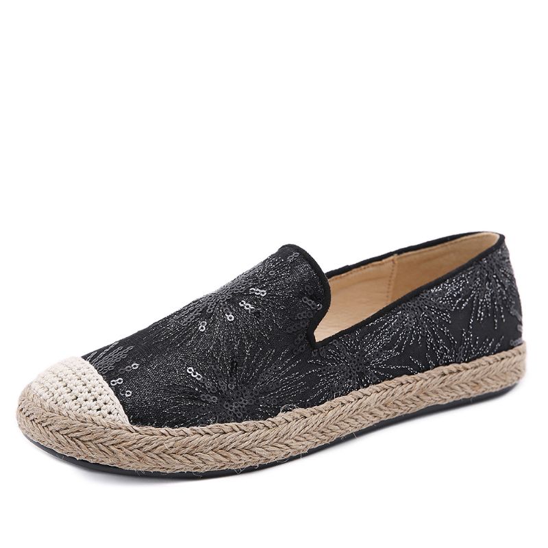 Dames Casual Loafers Met Pailletten En Bloemenpatroon Espadrille Flats