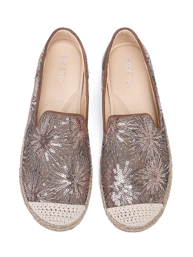 Dames Casual Loafers Met Pailletten En Bloemenpatroon Espadrille Flats