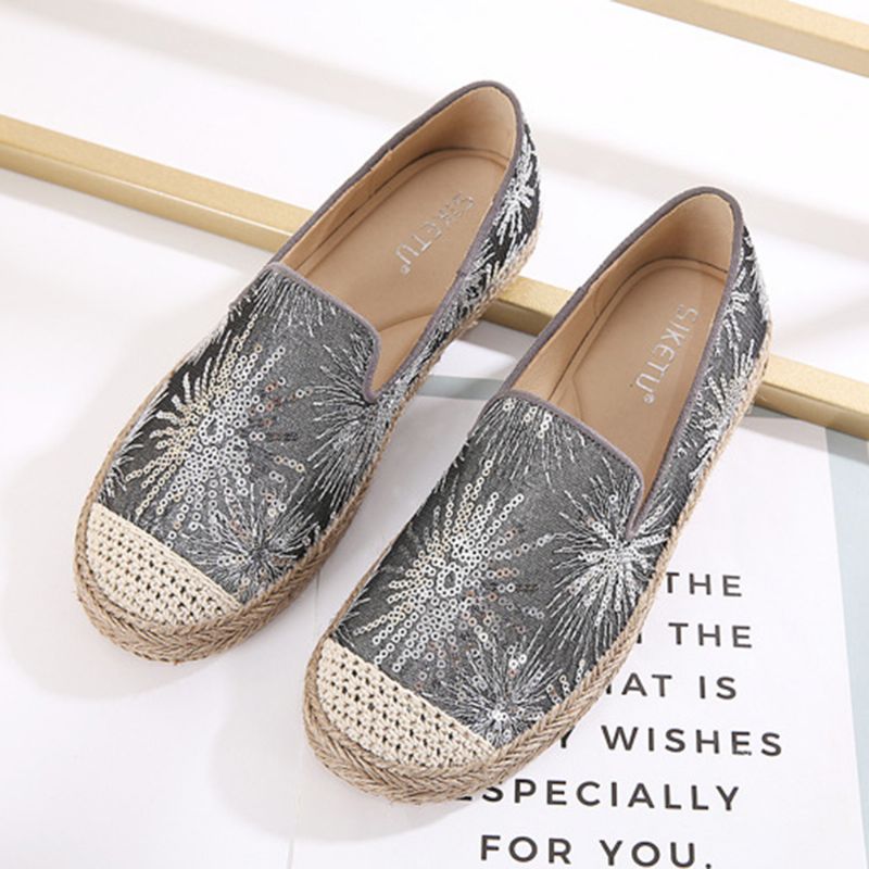 Dames Casual Loafers Met Pailletten En Bloemenpatroon Espadrille Flats