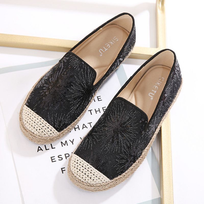 Dames Casual Loafers Met Pailletten En Bloemenpatroon Espadrille Flats