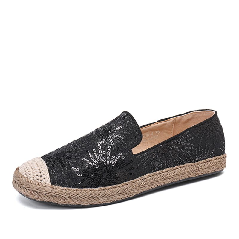 Dames Casual Loafers Met Pailletten En Bloemenpatroon Espadrille Flats