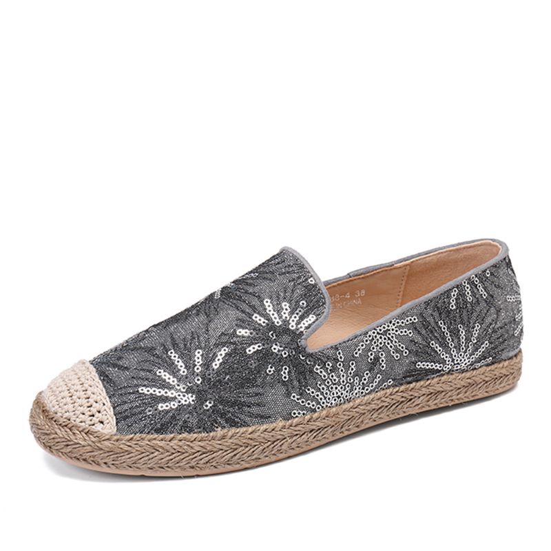 Dames Casual Loafers Met Pailletten En Bloemenpatroon Espadrille Flats