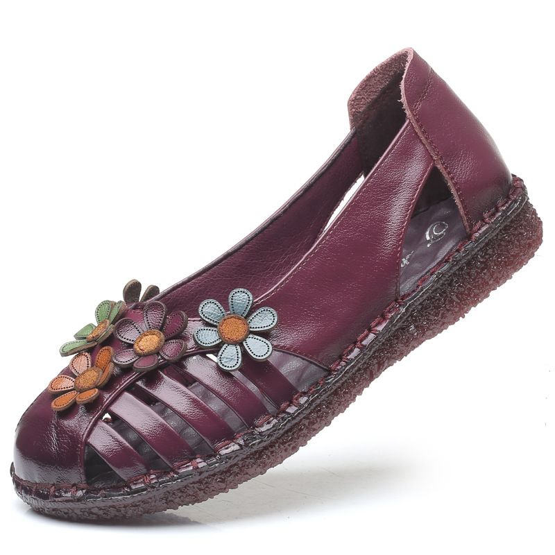 Dames Echt Leer Ademend Bloemdecoratie Retro Slip Op Zachte Flats