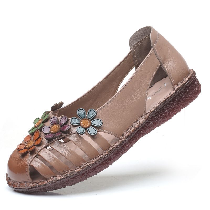 Dames Echt Leer Ademend Bloemdecoratie Retro Slip Op Zachte Flats