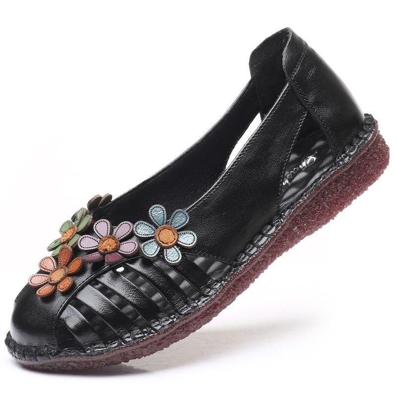 Dames Echt Leer Ademend Bloemdecoratie Retro Slip Op Zachte Flats